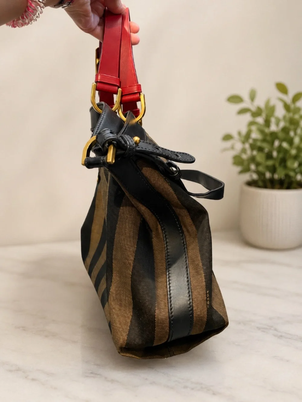 Authentic FENDI Pequin Stripe Large Canvas Leather Tote Bag 8BN242